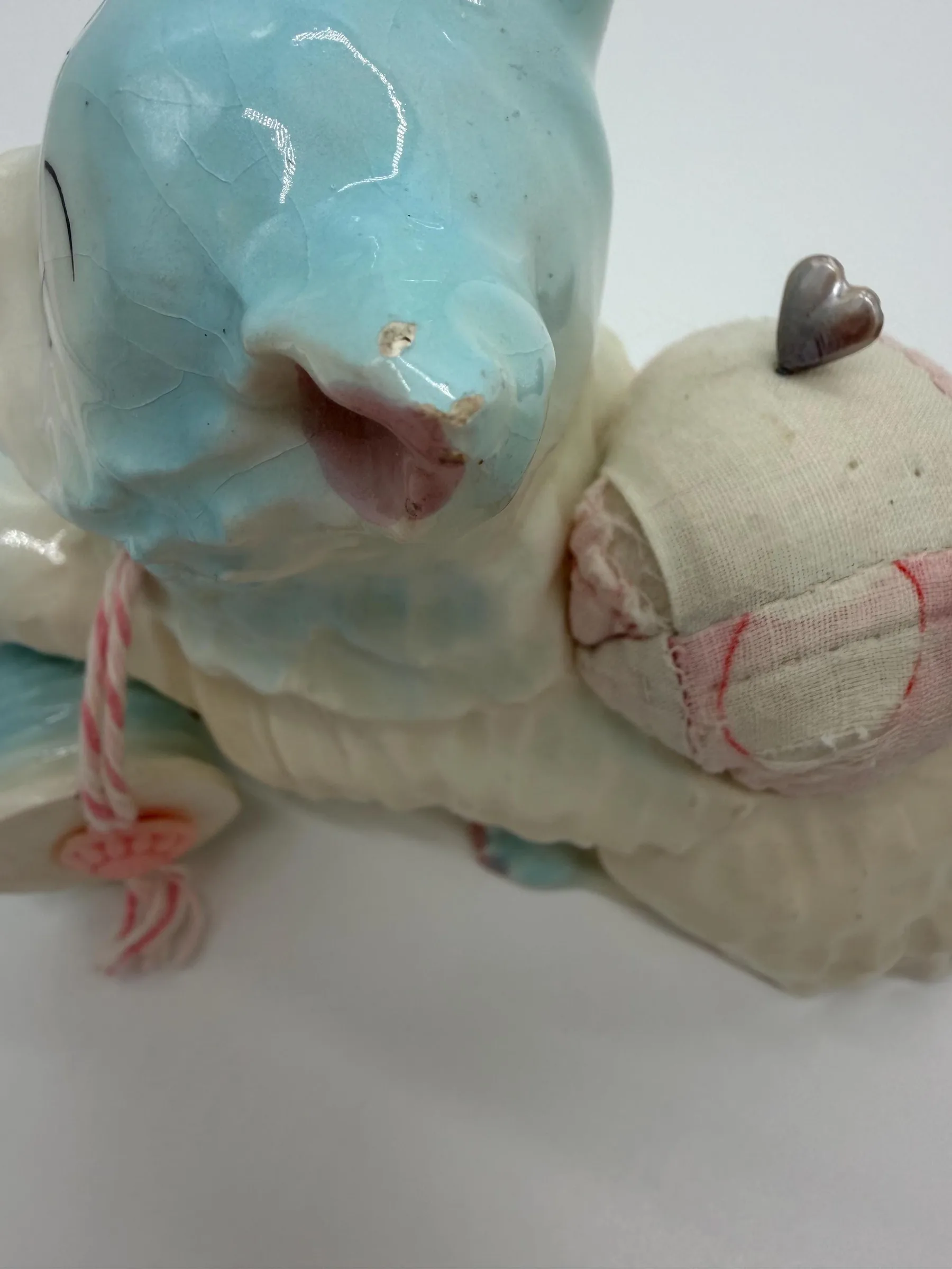 Vintage Porcelain Cat Sewing Figurine with Pincushion, Thimble & Thread