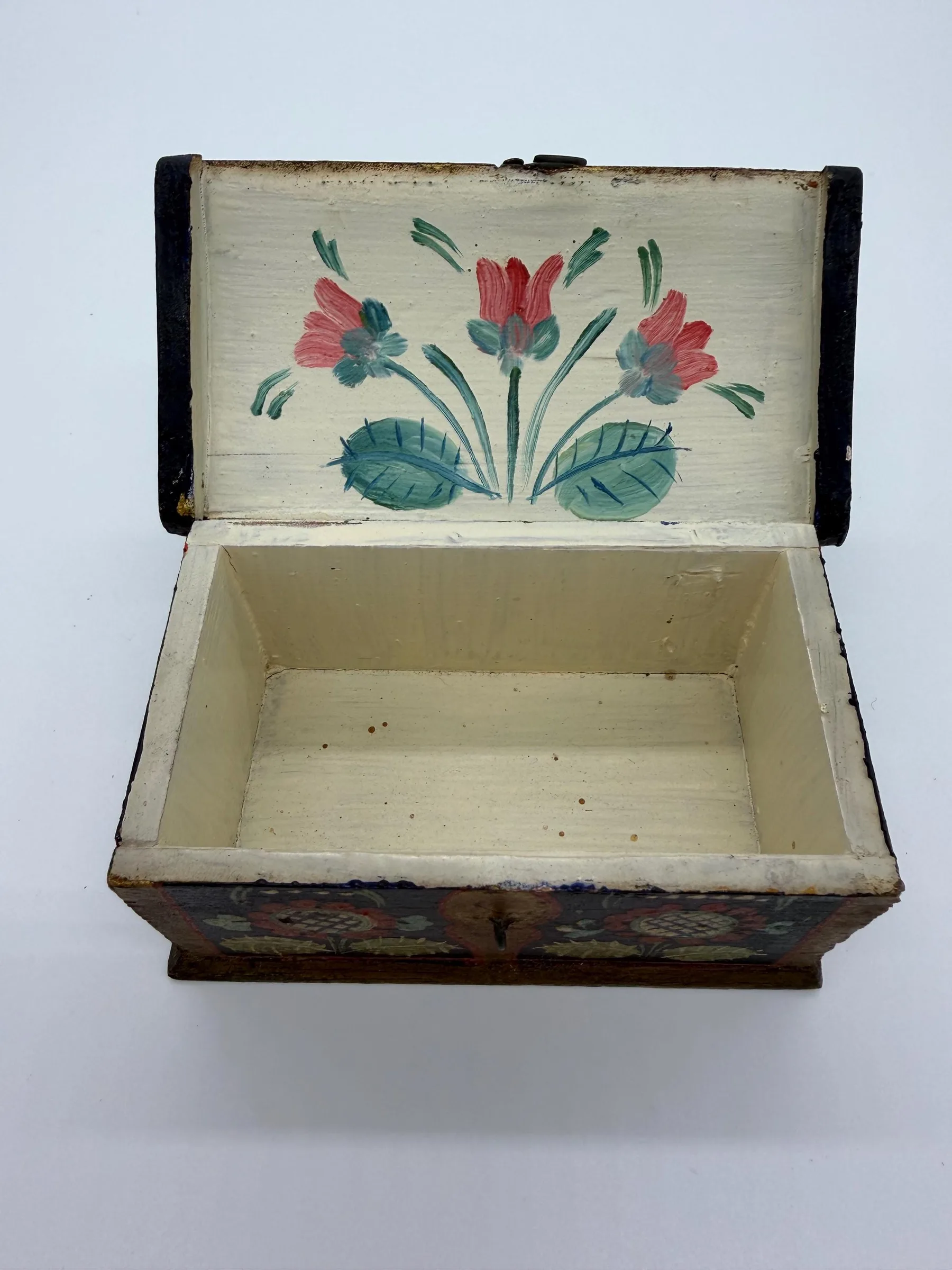 Rare Antique Miniature Norwegian Hand-Painted Rosemaling Trinket Box Chest