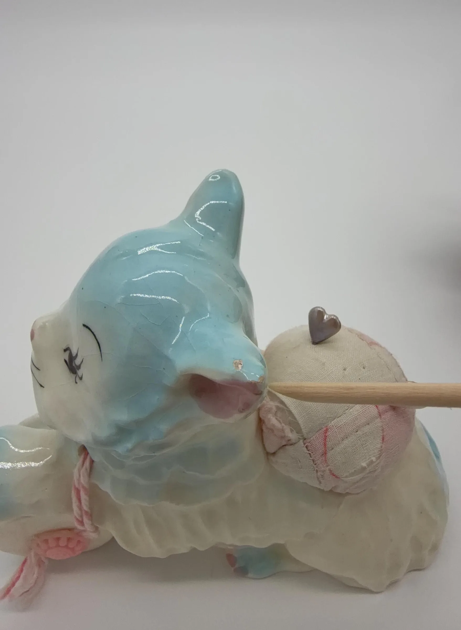 Vintage Porcelain Cat Sewing Figurine with Pincushion, Thimble & Thread