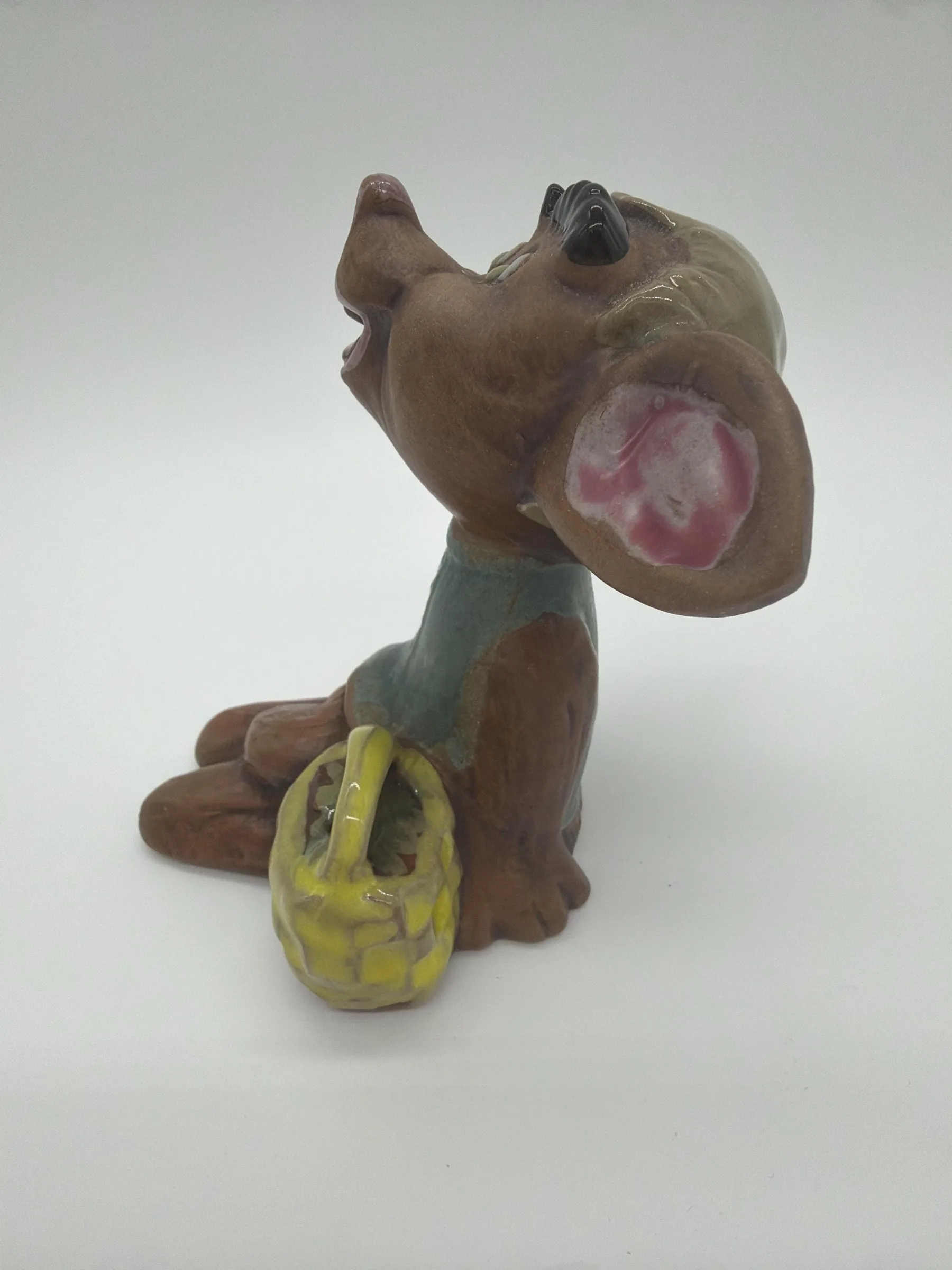 Vintage Glazed Ceramic Mouse Figurine With Basket
