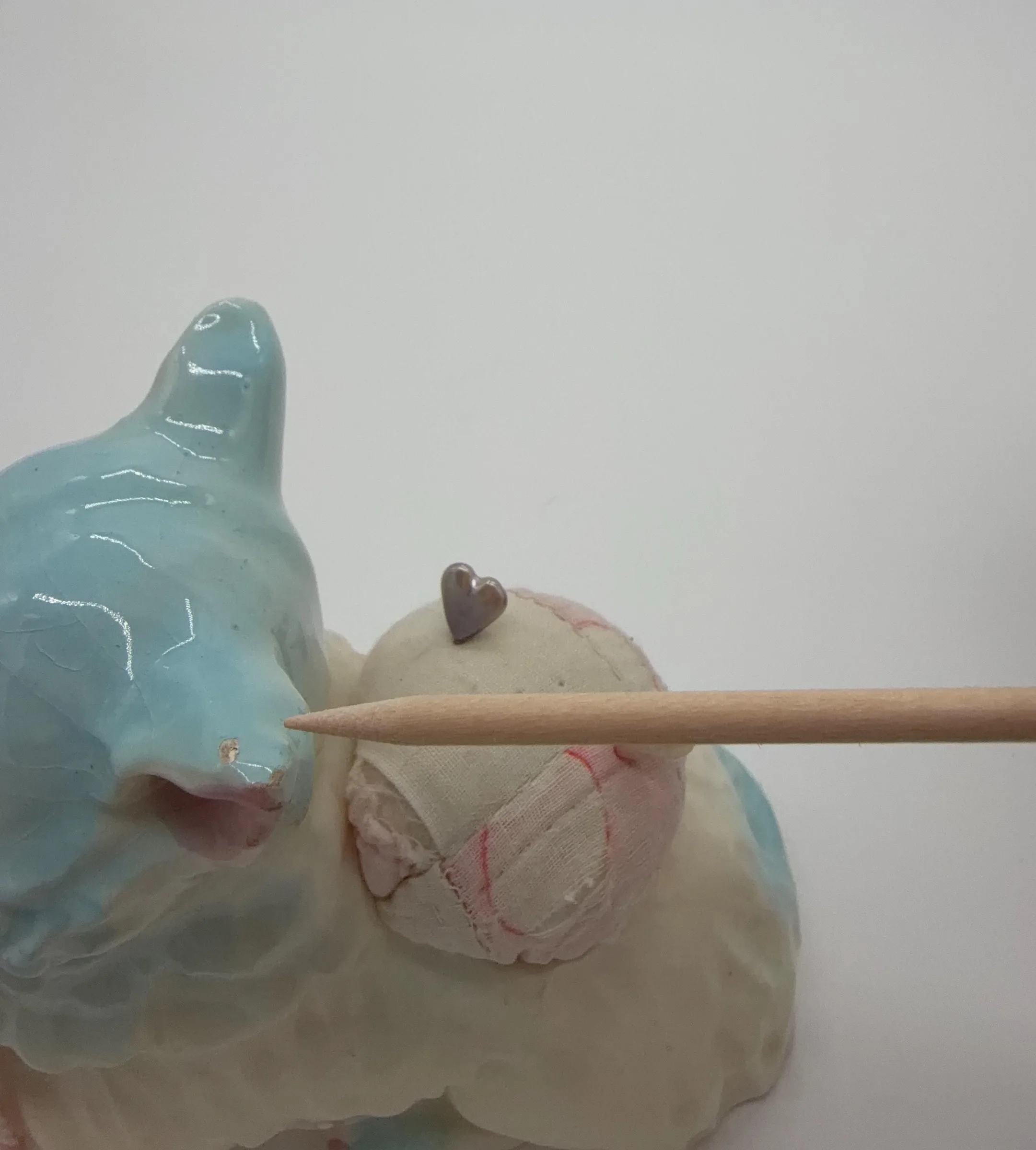 Vintage Porcelain Cat Sewing Figurine with Pincushion, Thimble & Thread