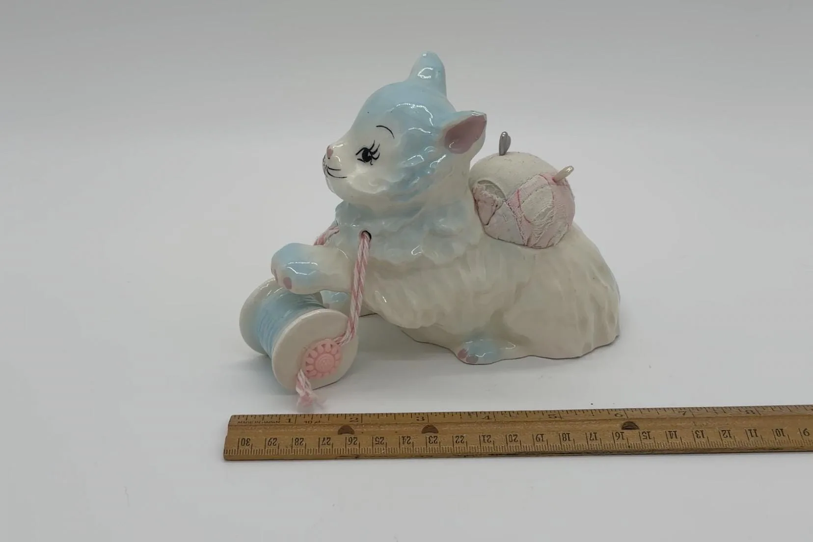 Vintage Porcelain Cat Sewing Figurine with Pincushion, Thimble & Thread