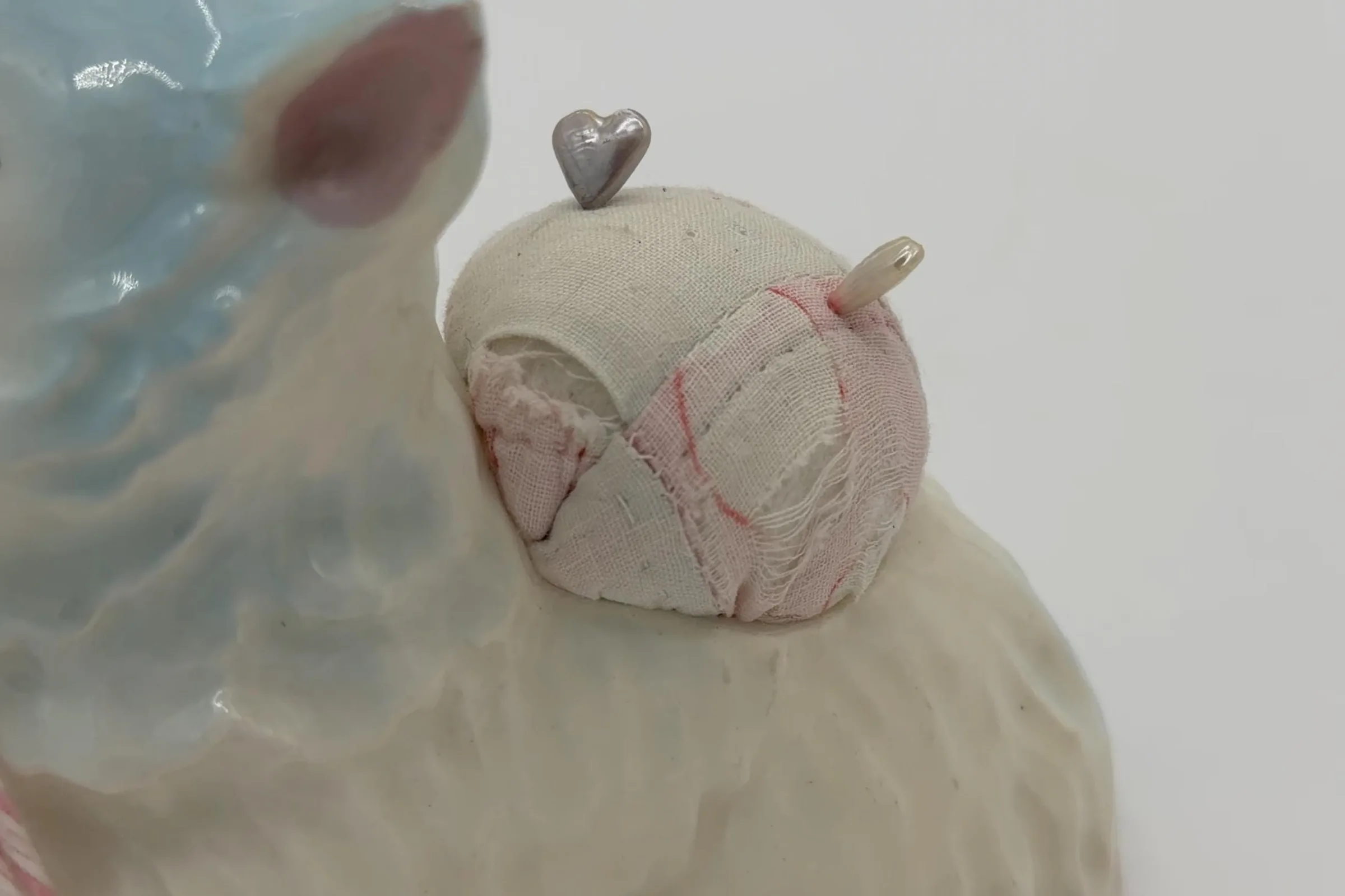 Vintage Porcelain Cat Sewing Figurine with Pincushion, Thimble & Thread