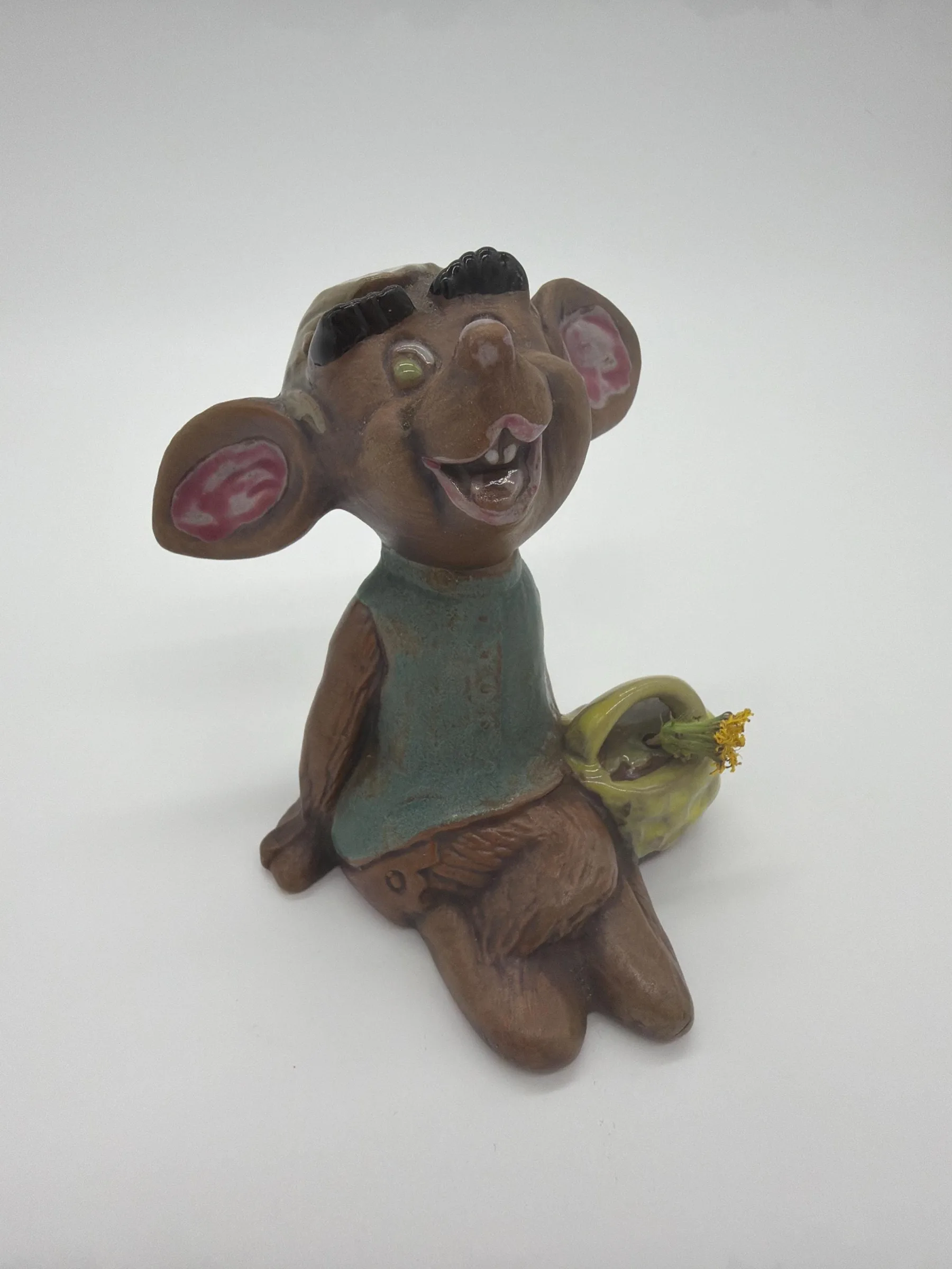 Vintage Glazed Ceramic Mouse Figurine With Basket