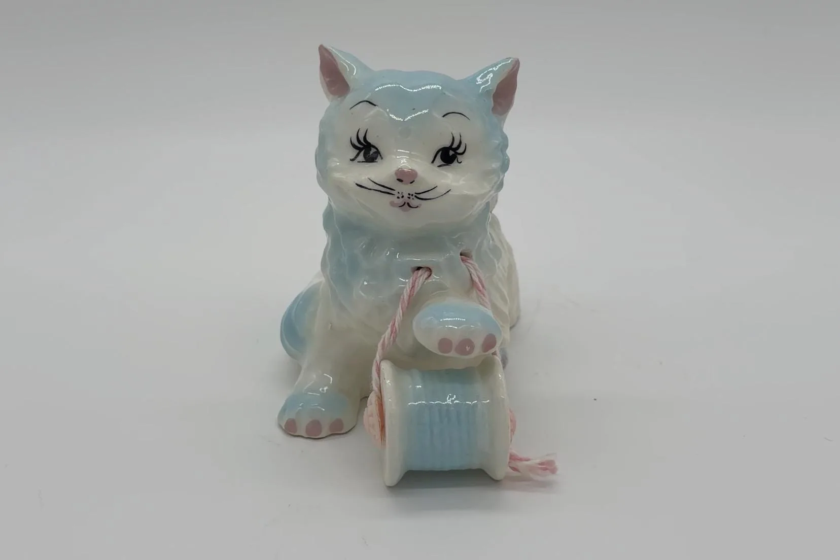 Vintage Porcelain Cat Sewing Figurine with Pincushion, Thimble & Thread