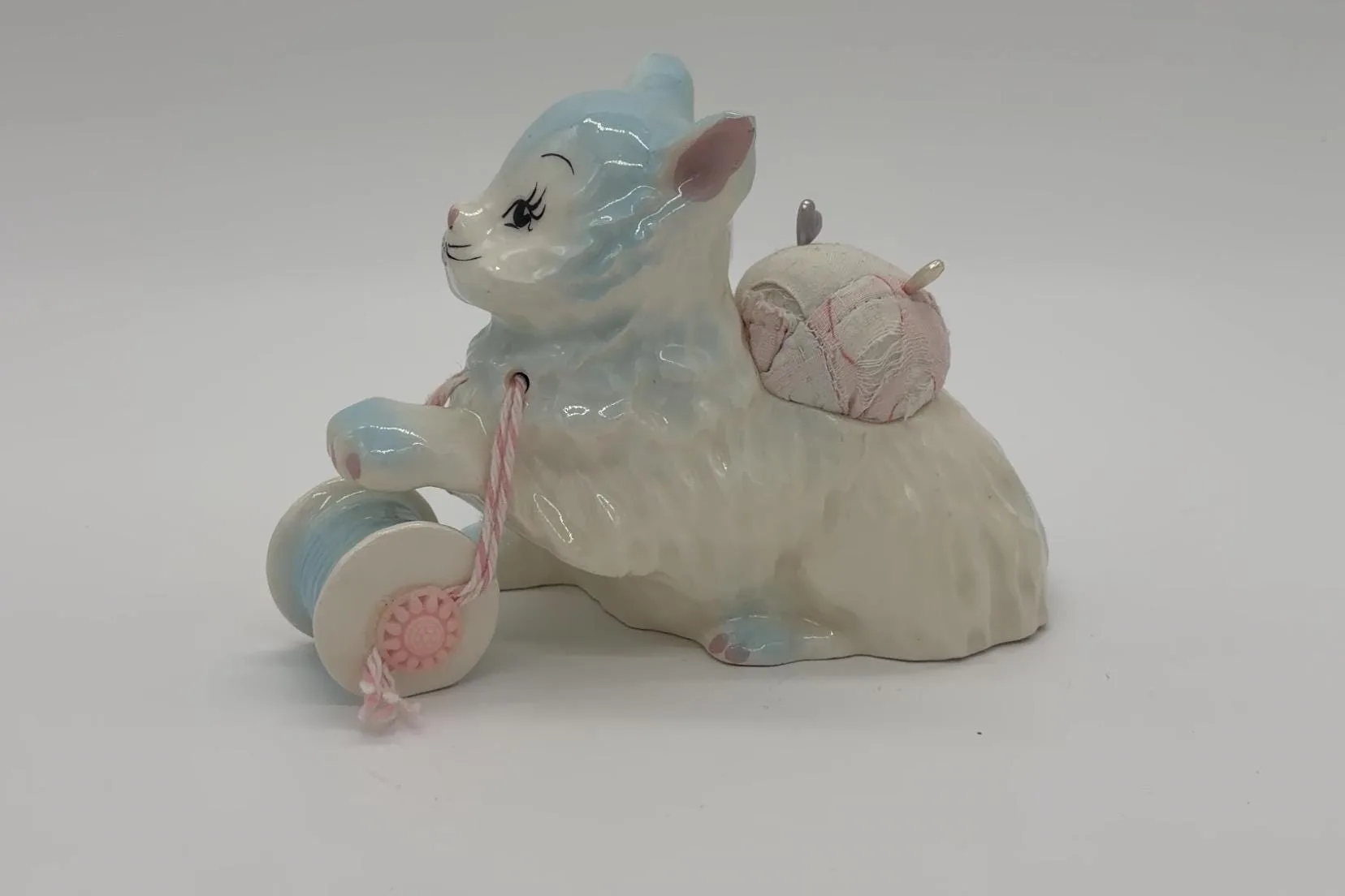 Vintage Porcelain Cat Sewing Figurine with Pincushion, Thimble & Thread