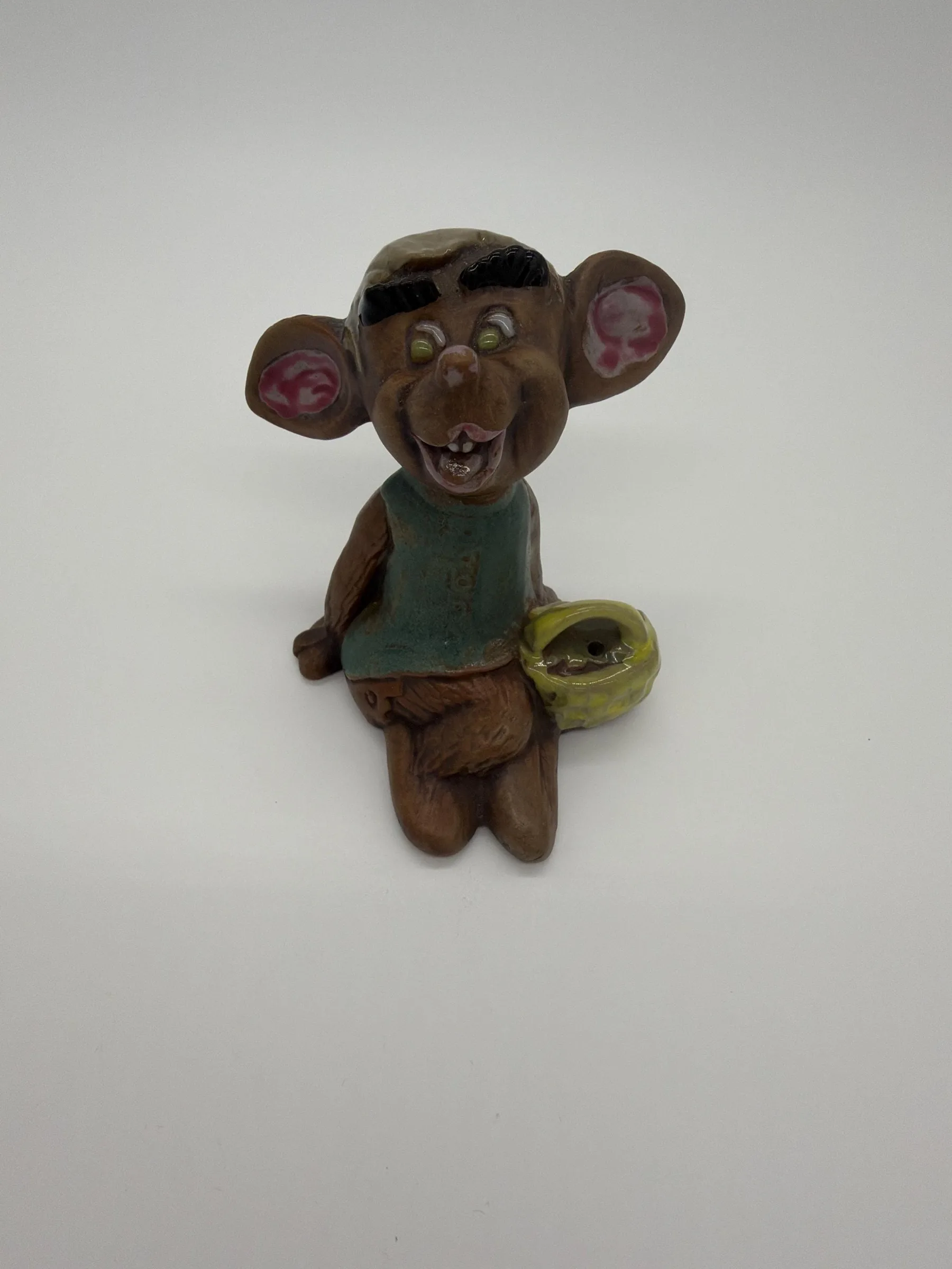 Vintage Glazed Ceramic Mouse Figurine With Basket