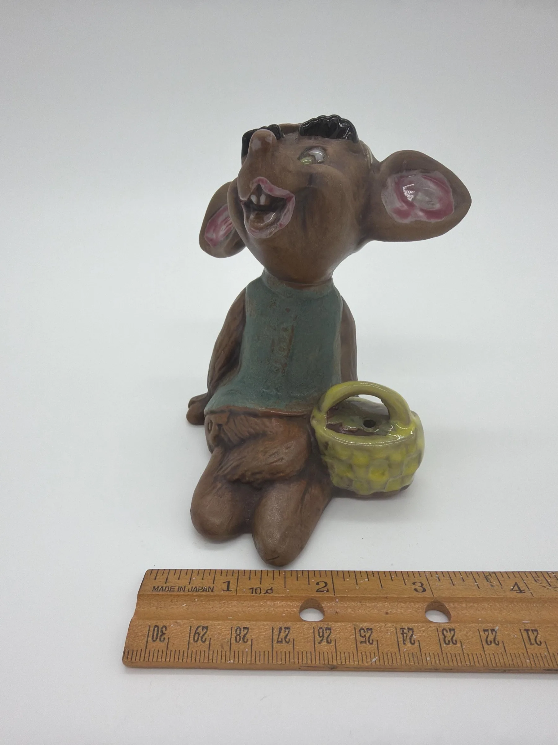 Vintage Glazed Ceramic Mouse Figurine With Basket