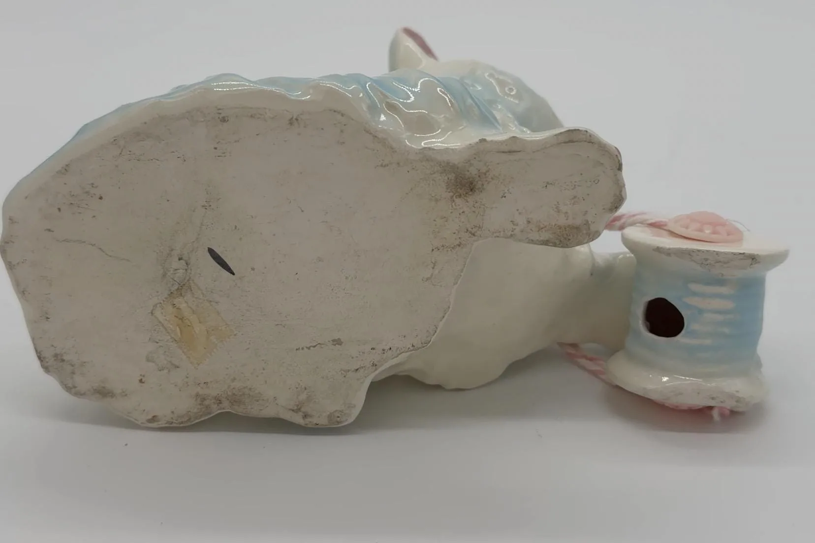 Vintage Porcelain Cat Sewing Figurine with Pincushion, Thimble & Thread