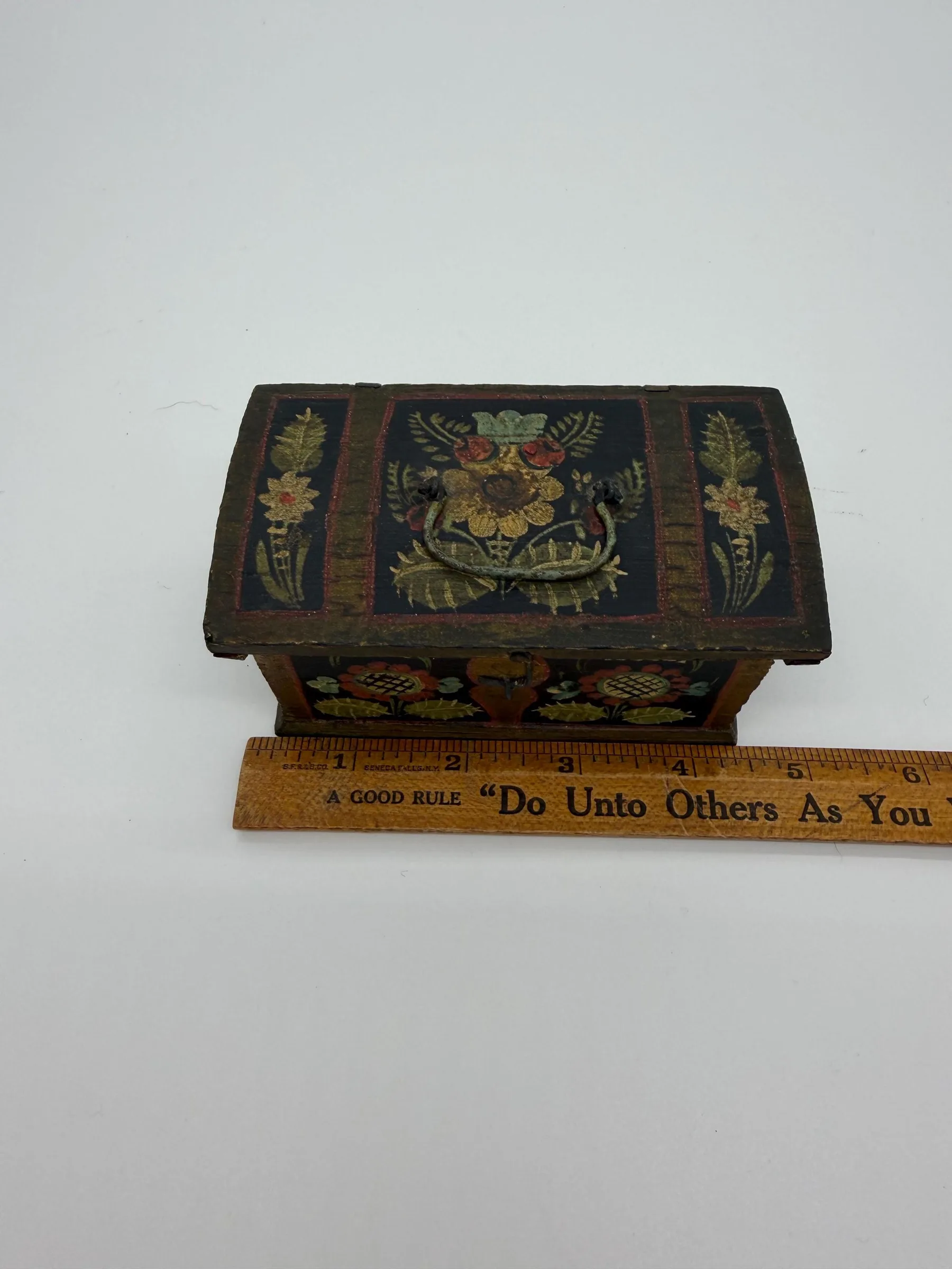 Rare Antique Miniature Norwegian Hand-Painted Rosemaling Trinket Box Chest