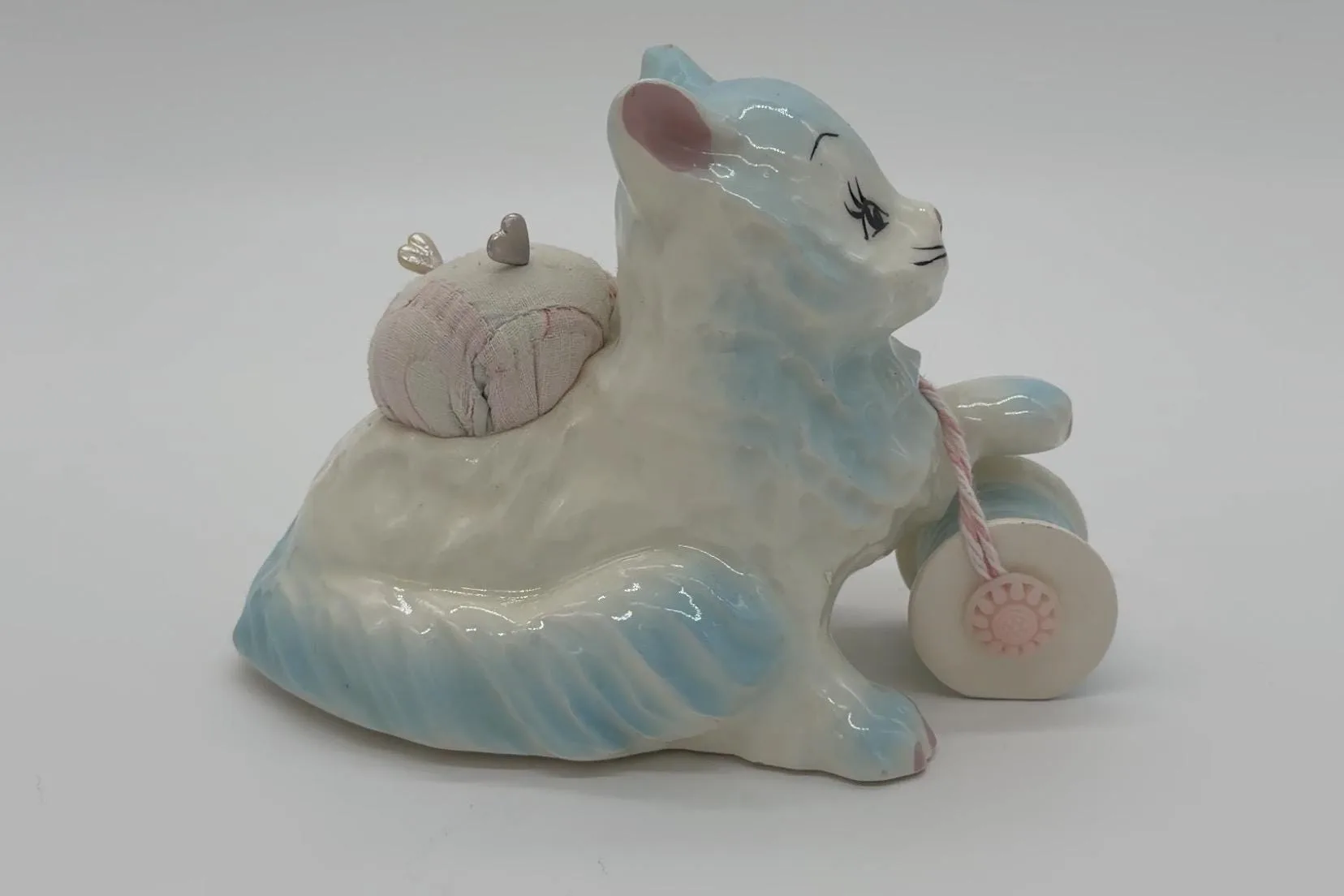 Vintage Porcelain Cat Sewing Figurine with Pincushion, Thimble & Thread