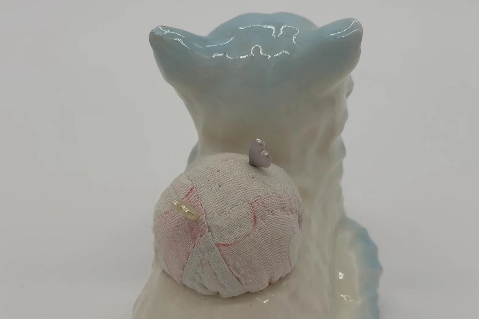 Vintage Porcelain Cat Sewing Figurine with Pincushion, Thimble & Thread