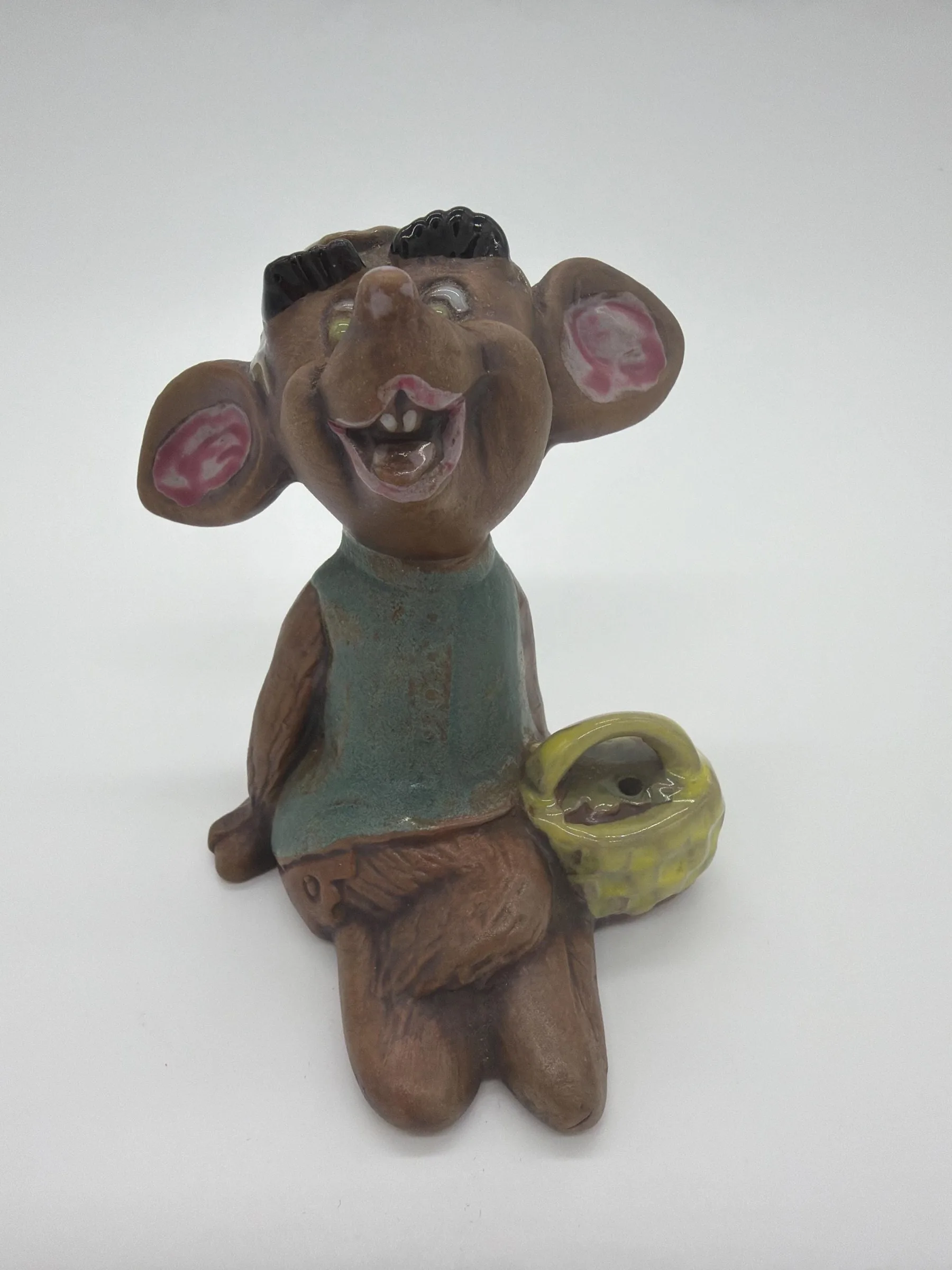 Vintage Glazed Ceramic Mouse Figurine With Basket