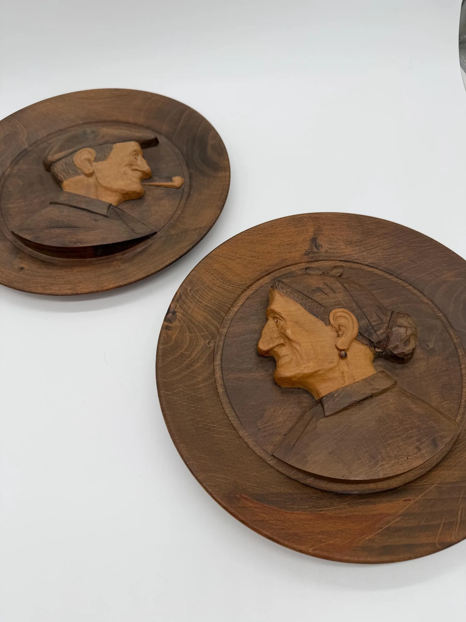 Vintage J. Alberdi Hand-Carved Basque Wooden Wall Plates – Pair