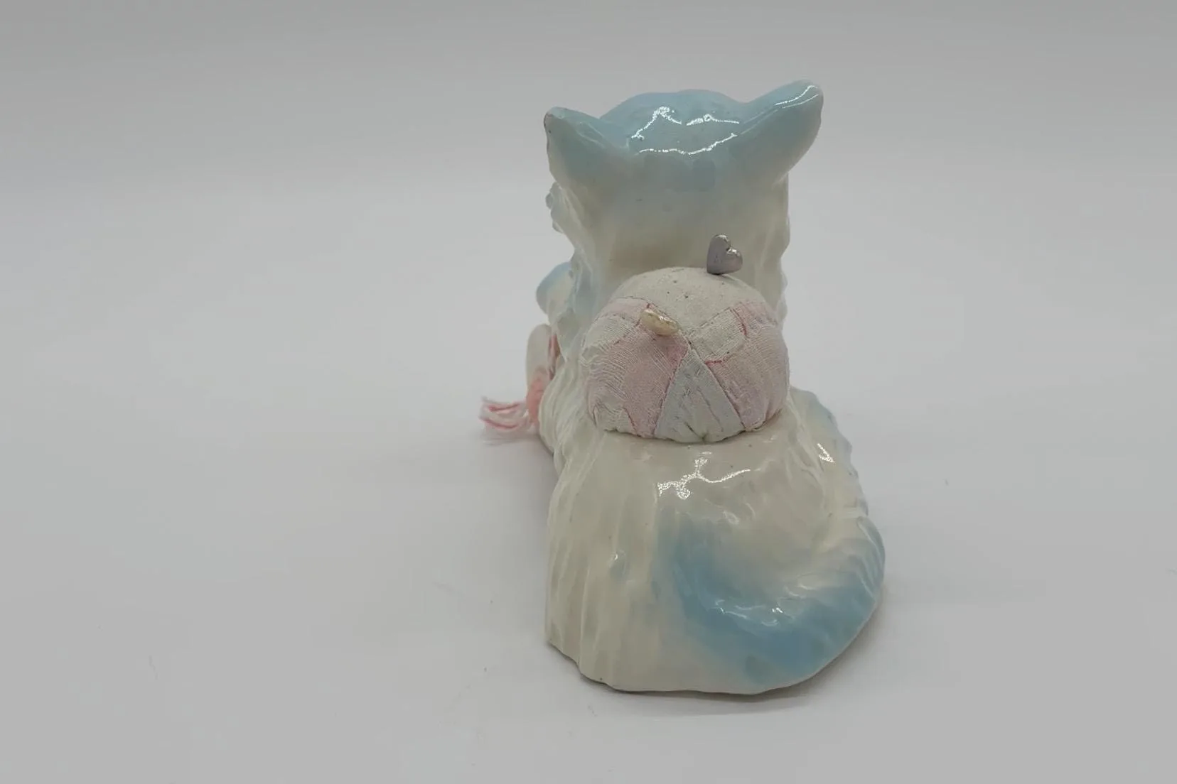 Vintage Porcelain Cat Sewing Figurine with Pincushion, Thimble & Thread