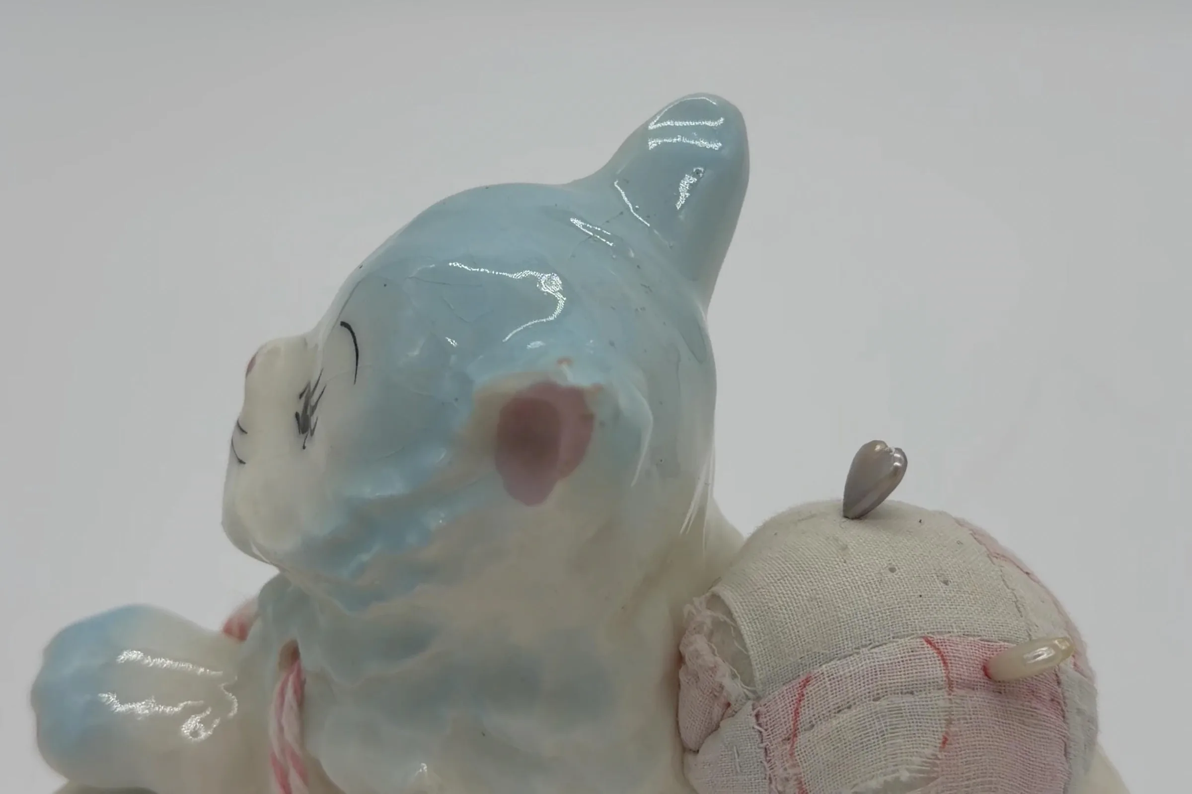 Vintage Porcelain Cat Sewing Figurine with Pincushion, Thimble & Thread