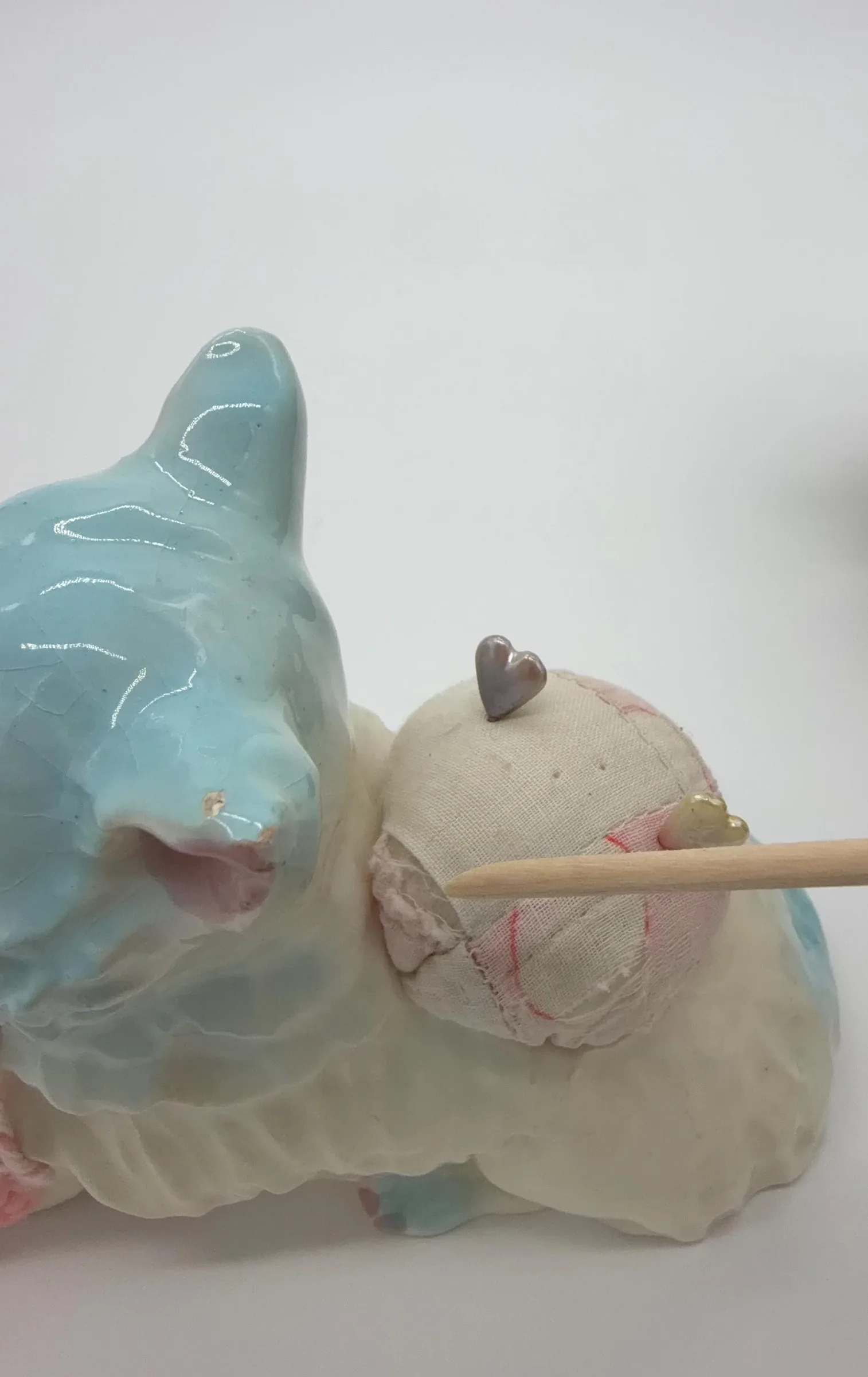 Vintage Porcelain Cat Sewing Figurine with Pincushion, Thimble & Thread