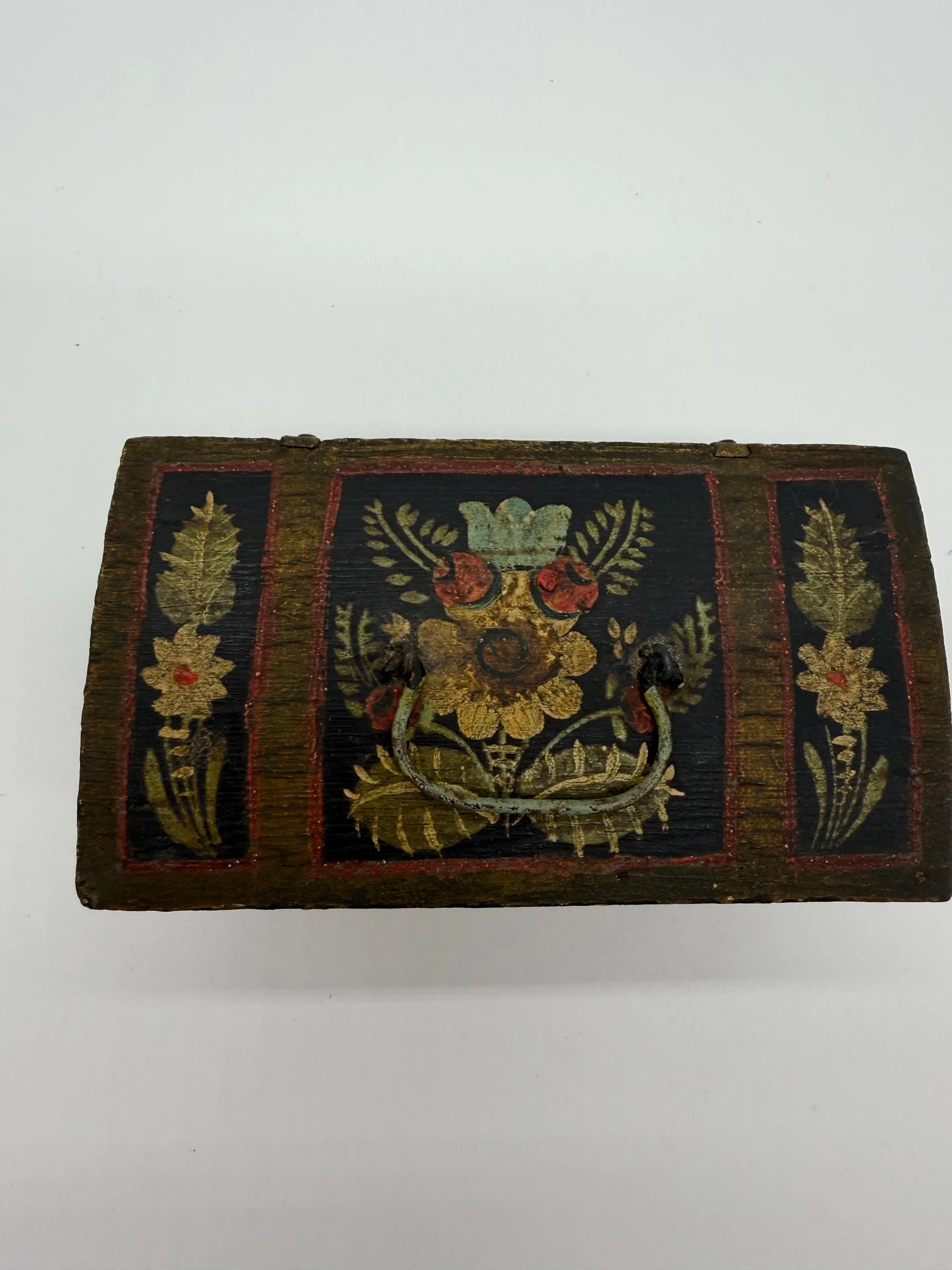 Rare Antique Miniature Norwegian Hand-Painted Rosemaling Trinket Box Chest